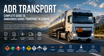 ADR transport truck carrying dangerous goods on a European highway with orange hazard plates and safety markings