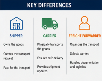 Diagram comparing roles of shipper carrier and freight forwarder in logistics chain